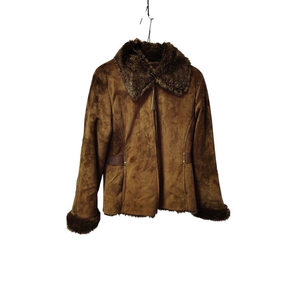 VTG LNR La Nouvelle Renaissance‎ M Faux Fur Collar Brown Suede Leather Jacket